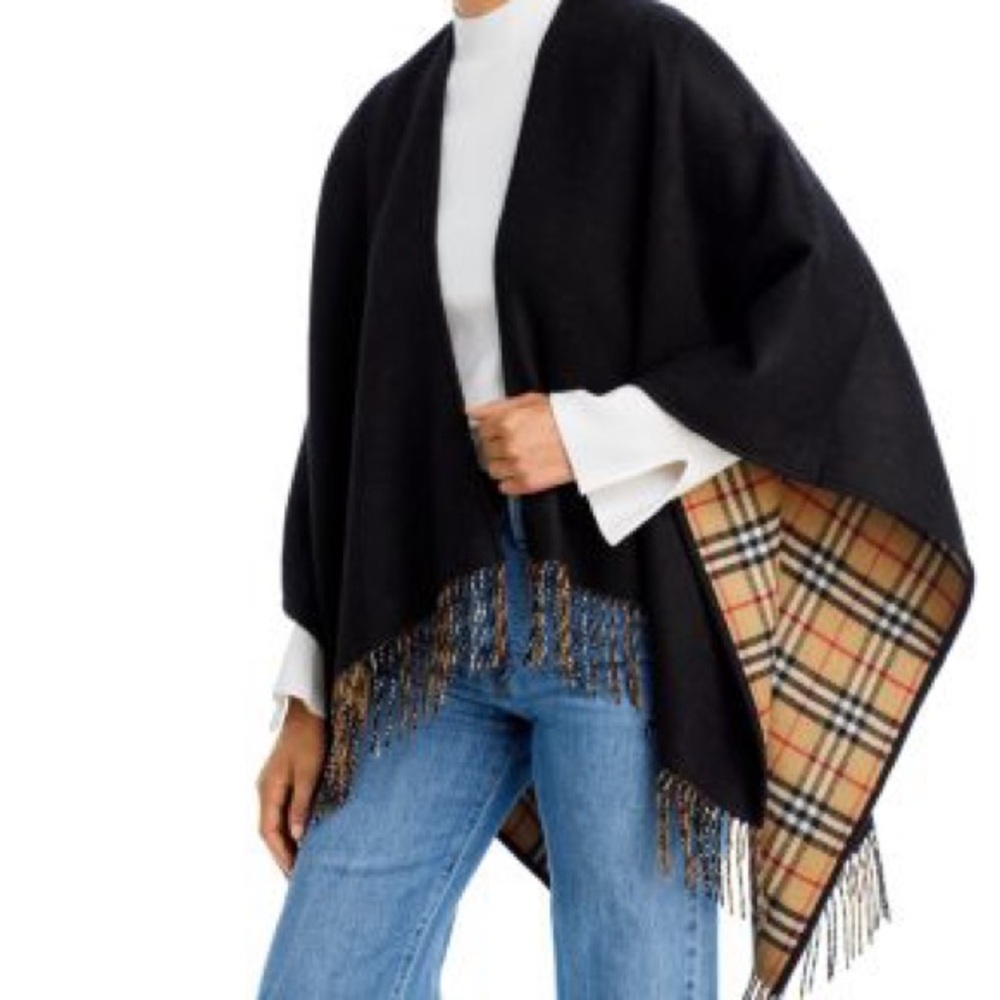 Burberry Black Cape with Plaid Lining and Fringe - Picture 3 of 7